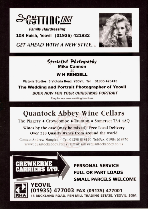 Pg 20: Sponsors 'Cutting Edge', Mike Cannon, Quantock Abbey Wine Cellars, Crewkerne Carriers