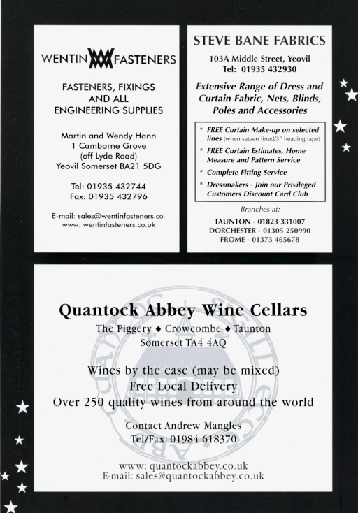 Pg 32: Wentin Fasteners; Steve Bane Fabrics; Quantock Abbey Wine Cellars (Crowcombe)