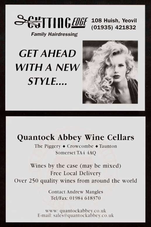 Pg 26: Cutting Edge Family Hairdressing, Quantock Abbey Wine Cellars