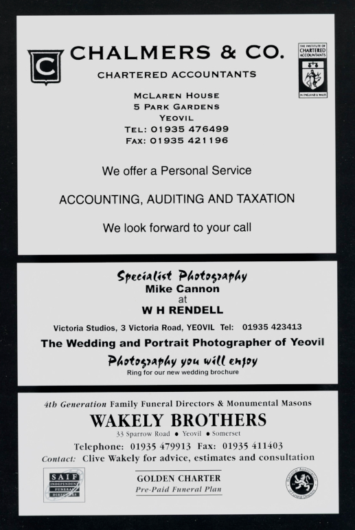 Pg 32: Chalmers & Co Chartered Accountants, Mike Cannon Specialist Photography at W H Rendell, Wakely Brothers Family Funeral Directors