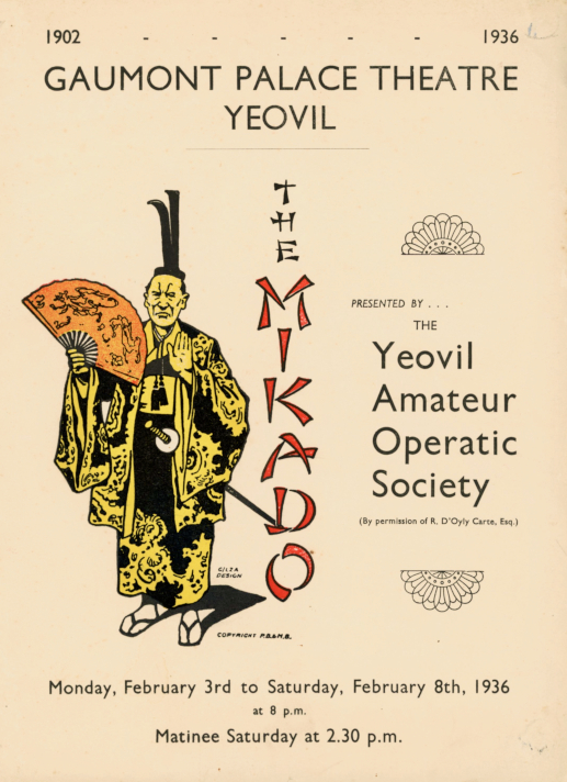 Programme Front Cover for the YAOS 1936 production of 'The Mikado' at the Gaumont Palace Theatre, Yeovil
