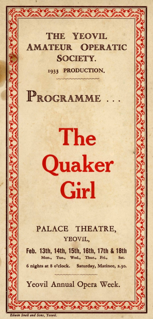 YAOS 1933 Production 'The Quaker Girl' - Programme Front Cover