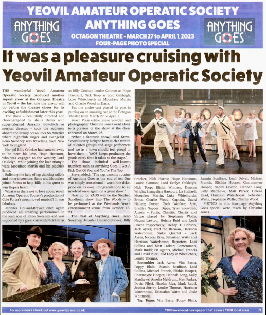 Feature article in Yeovil Press about 'Anything Goes'