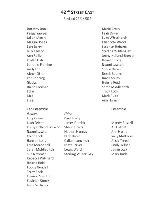 '42nd Street' Cast (Revised 29 Jan 2019)