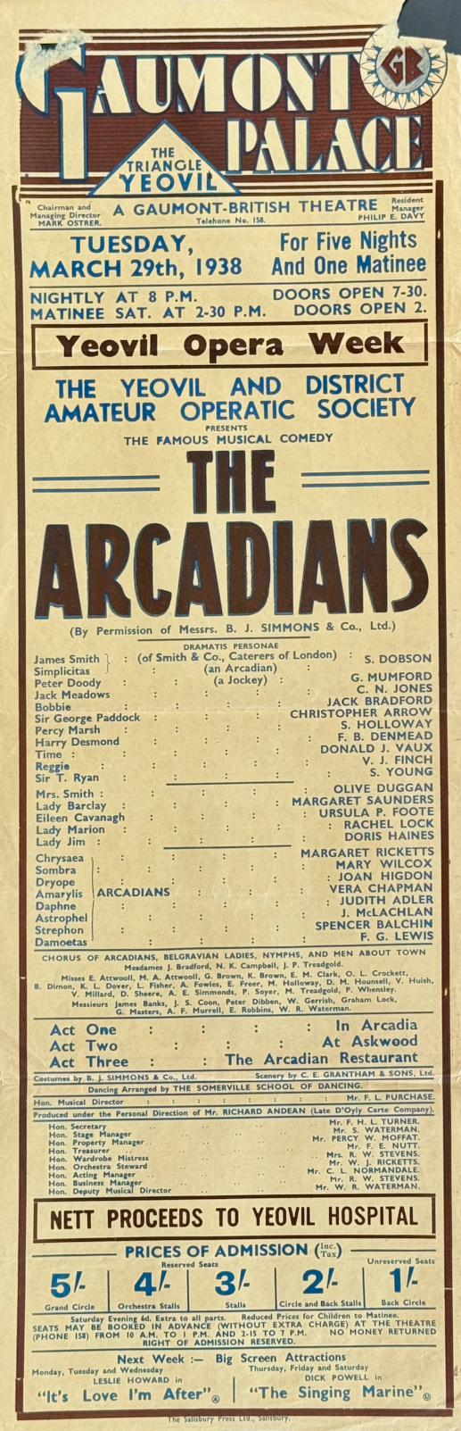 Poster for the YAOS 1938 production of 'The Arcadians'