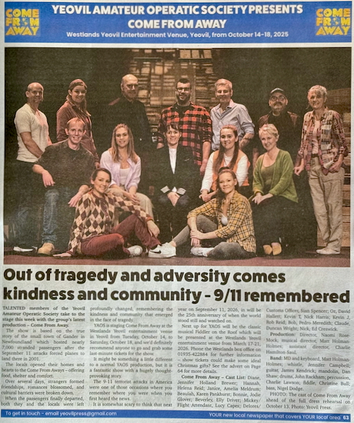 Yeovil Press feature on 'Come From Away' (October 2025)