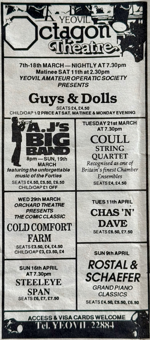 Advertisement for Yeovil Octagon Theatre in the Somerset Star 9 March 1989