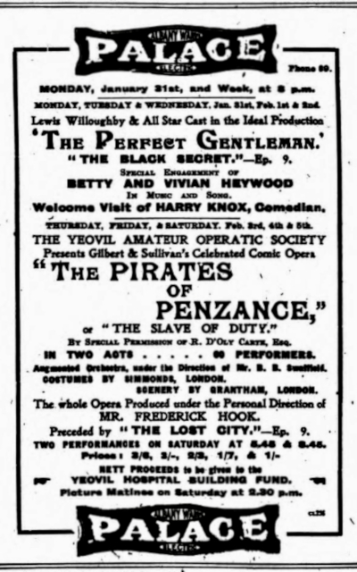 Western Chronicle advertisement for the Palace Theatre and Pirates of Penzance 1921