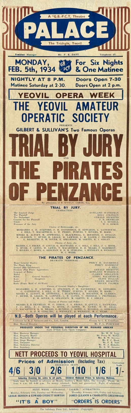 Poster for the YAOS 1934 production of 'Trial by Jury' & 'The Pirates of Penzance'