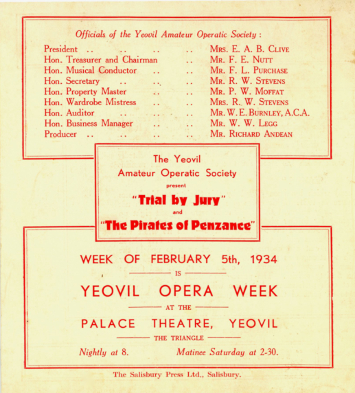  Back page for 1934 'Yeovil Opera Week'