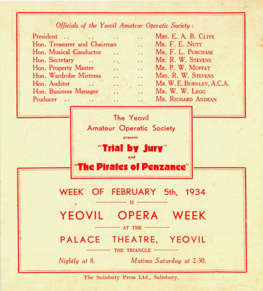 Back page for 1934 'Yeovil Opera Week'