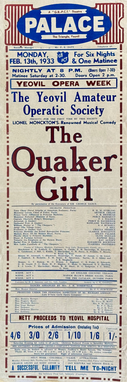 Poster for the YAOS 1933 production of 'The Quaker Girl'